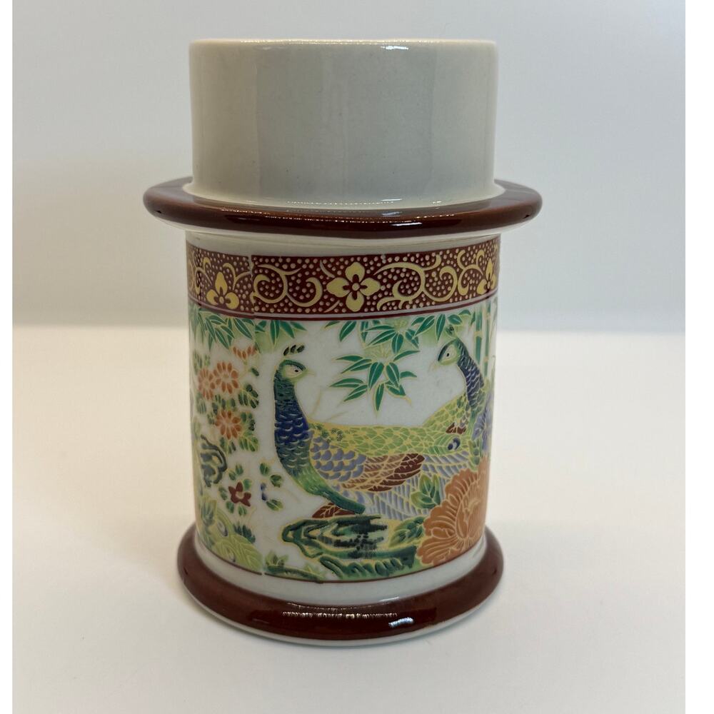 VTG Asian Peacock Floral Ceramic Candle‎ Holder Chinoiserie Cottagecore Decor